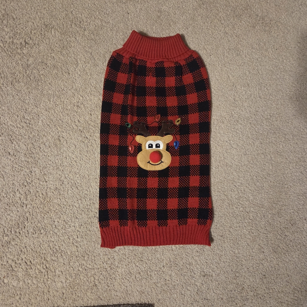 Red and Black Plaid Dog Sweater with Reindeer Design